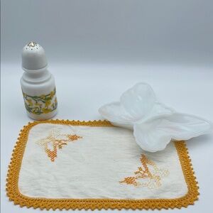 Vintage Lot Embroidered Doilie Milk‎ Glass Butterfly Dish Avon Bottle 3 Pieces